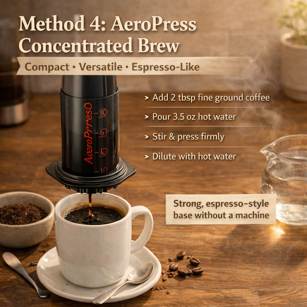 AeroPress concentrated coffee brewing into a mug showing steps to make an Americano with hot water