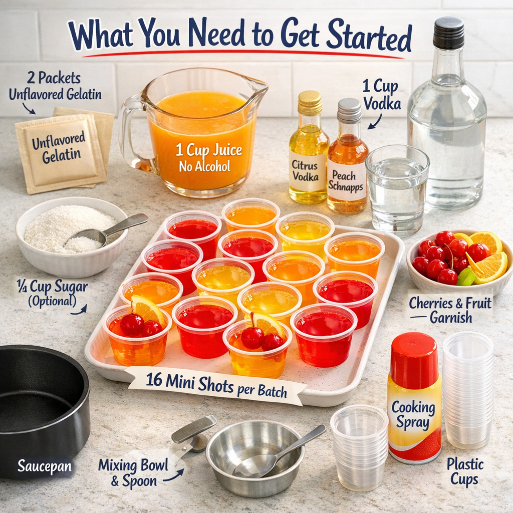 Colorful Jello shot ingredients including unflavored gelatin packets, fruit juice, vodka, sugar, and mini plastic cups arranged on a kitchen countertop.