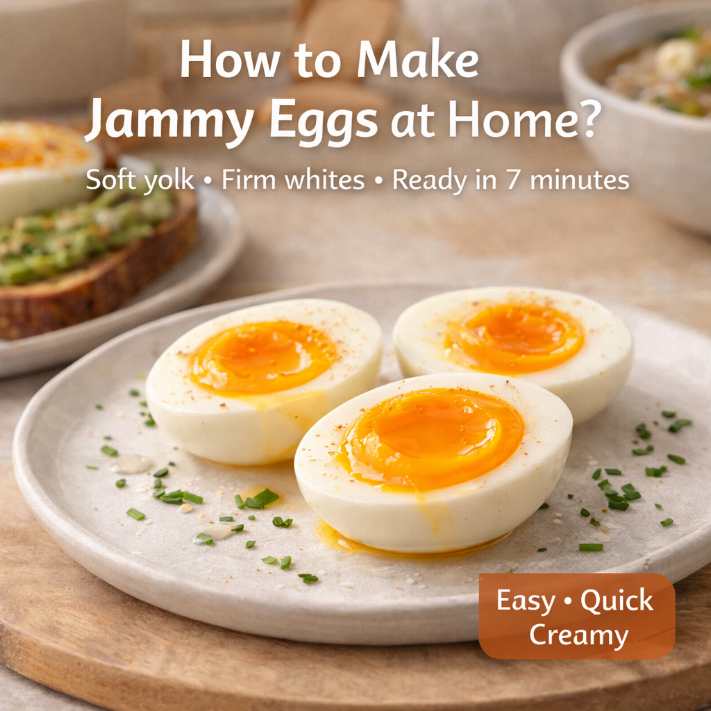 Featured image showing jammy eggs cut in half with firm whites and a soft, creamy yolk, served on a plate in a home kitchen setting.