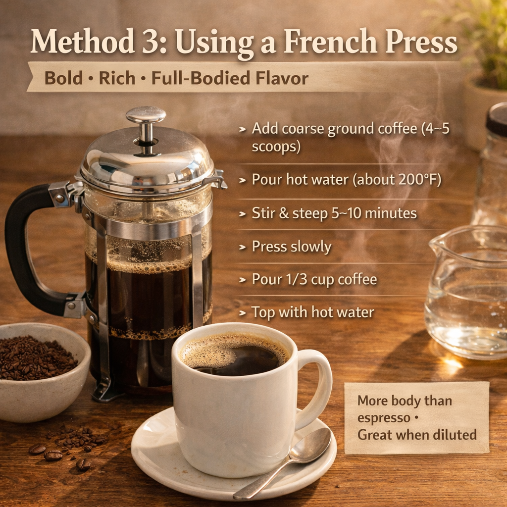 French press Americano coffee made with coarse ground coffee and hot water showing step by step brewing method