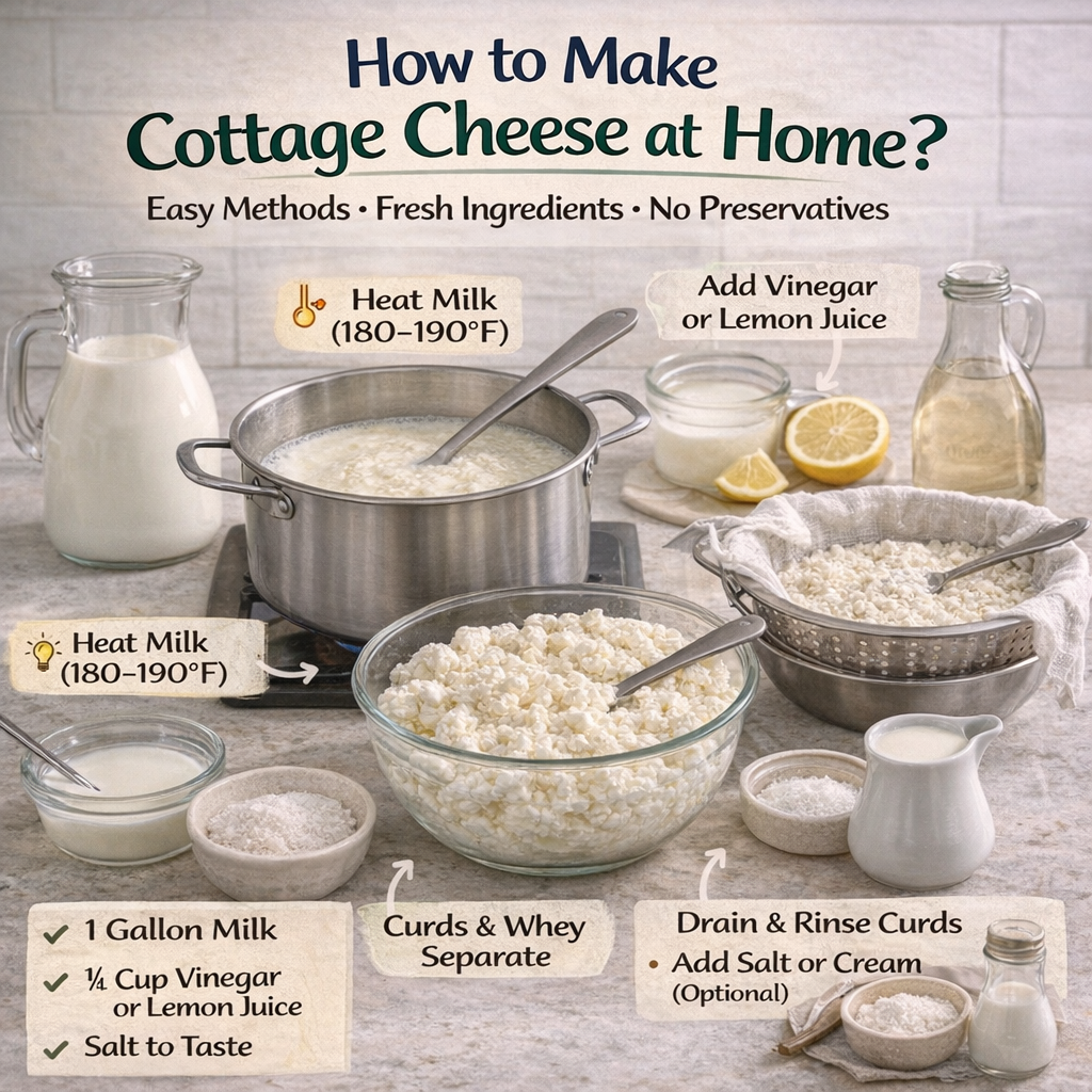 Homemade cottage cheese with fresh curds shown alongside milk, vinegar, lemon, salt, and draining tools in a step-by-step kitchen setup.
