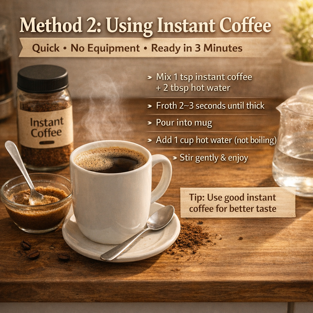 Instant coffee Americano made by frothing instant coffee with hot water in a mug using a quick no-equipment method