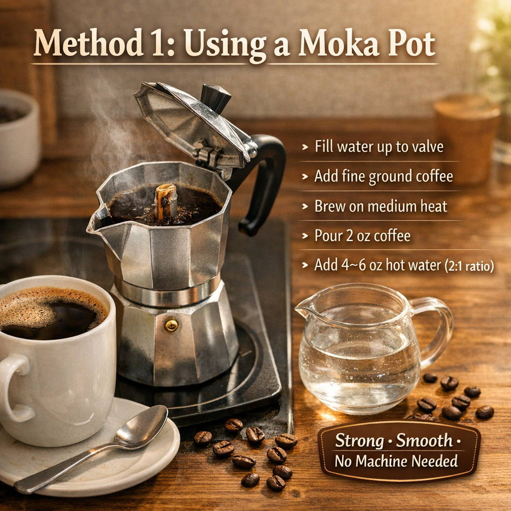 Moka pot brewing strong coffee on a stovetop with steps for making an Americano using hot water and a moka pot