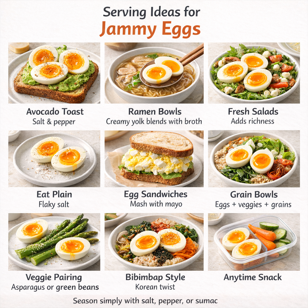 Serving ideas for jammy eggs including avocado toast, ramen bowls, salads, egg sandwiches, grain bowls, bibimbap, and simple seasoned eggs.