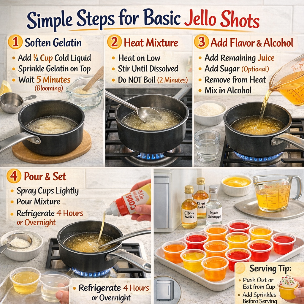 Step-by-step process of making basic Jello shots, showing blooming gelatin, heating the mixture, adding alcohol, pouring into cups, and setting in the refrigerator.