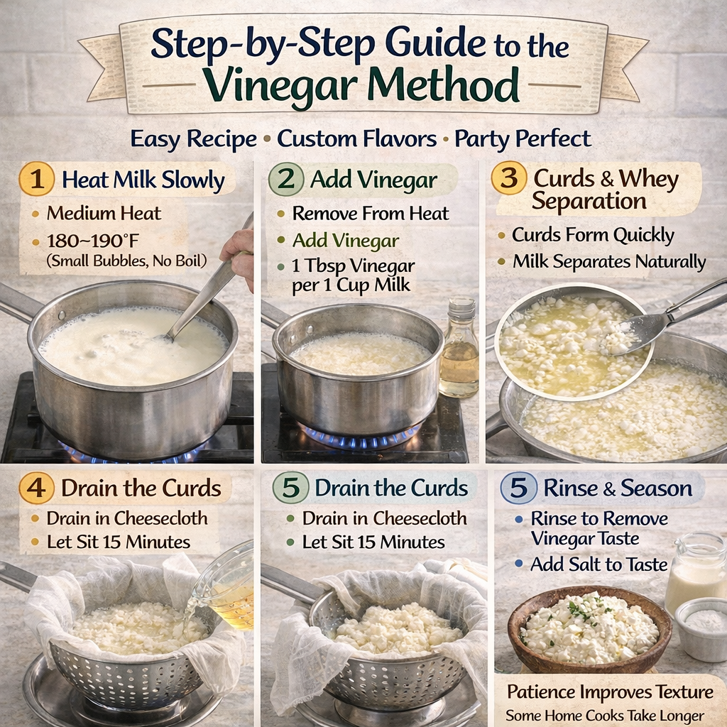 Step-by-step vinegar method for making cottage cheese, showing heated milk, adding vinegar, curds and whey separation, draining in cheesecloth, and rinsing curds.