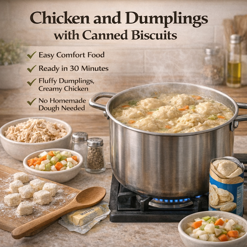 Chicken and dumplings with canned biscuits simmering in a creamy soup in a large pot