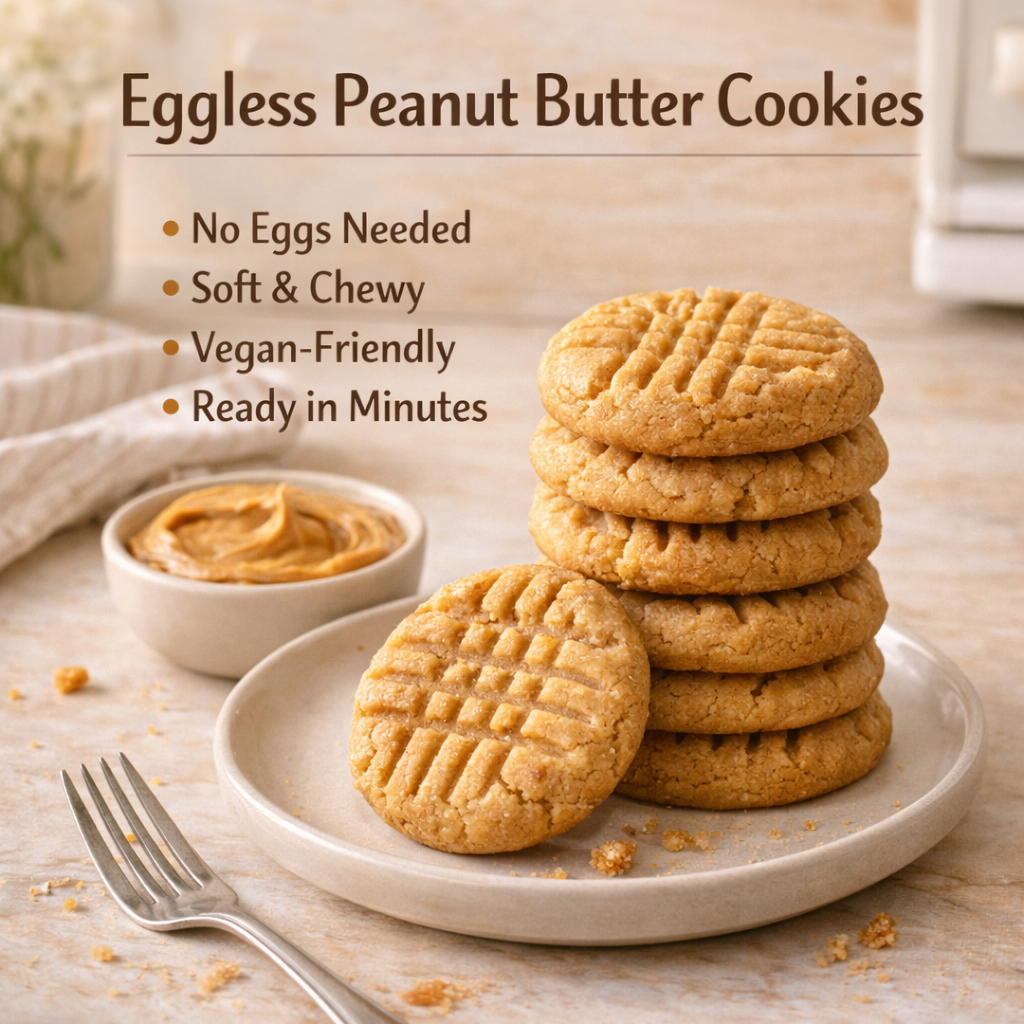 Eggless peanut butter cookies with criss-cross fork marks, stacked on a plate with creamy peanut butter and baking tools in a cozy kitchen setting