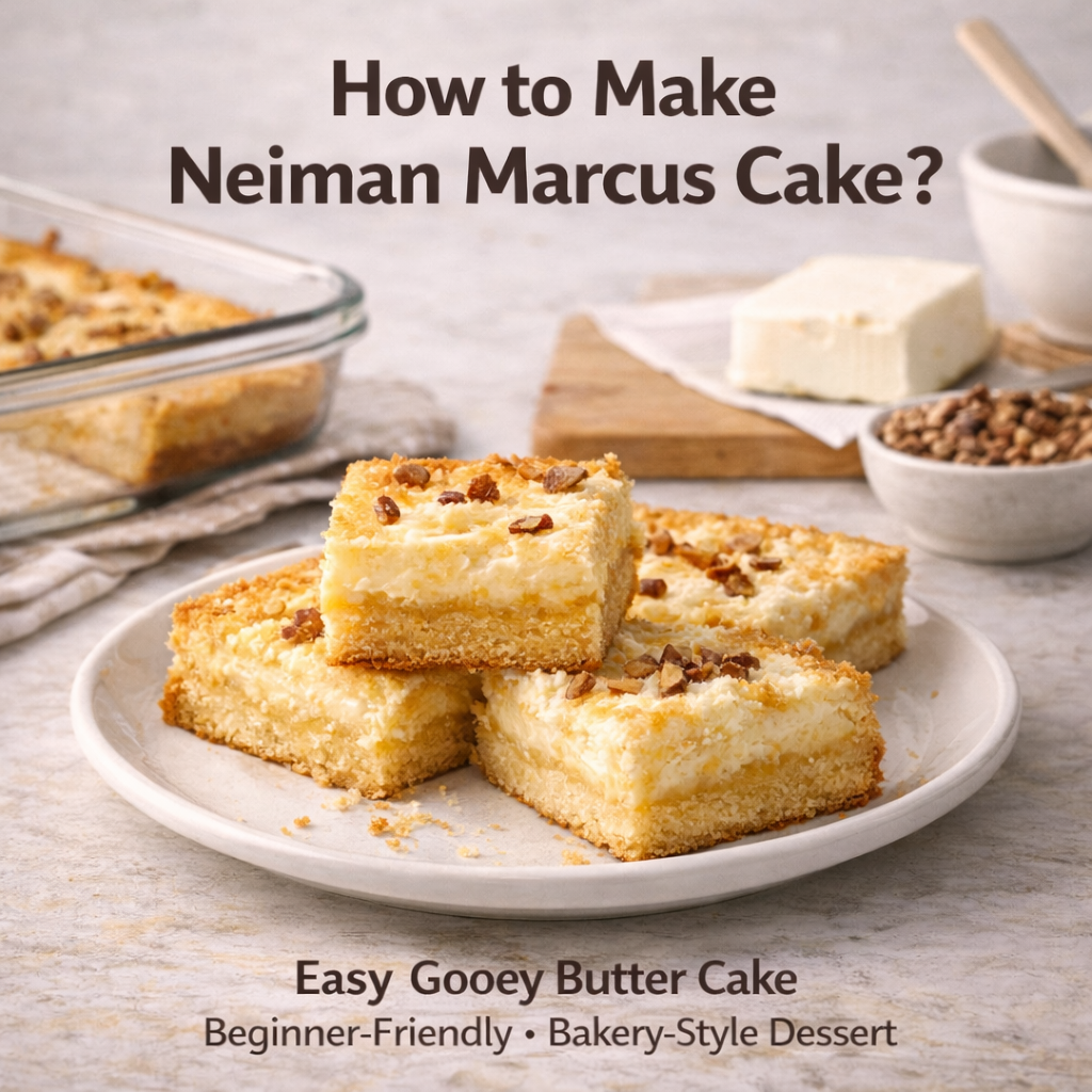 Featured image of Neiman Marcus Cake showing gooey butter cake squares with a creamy top layer and soft bottom layer in a baking dish.