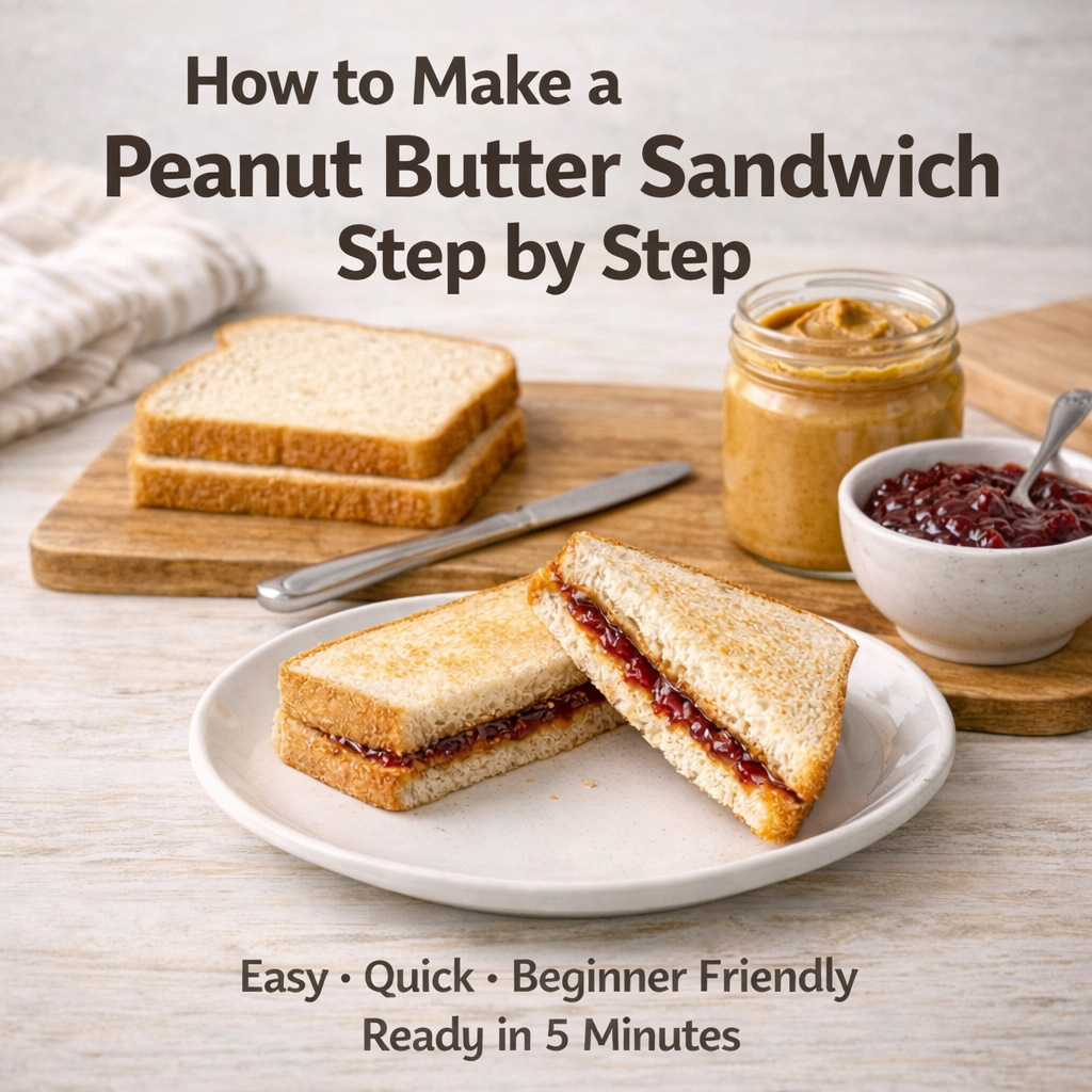 Featured image showing a peanut butter sandwich cut in half on a plate with bread, peanut butter, jelly, and a knife, illustrating how to make a peanut butter sandwich step by step.