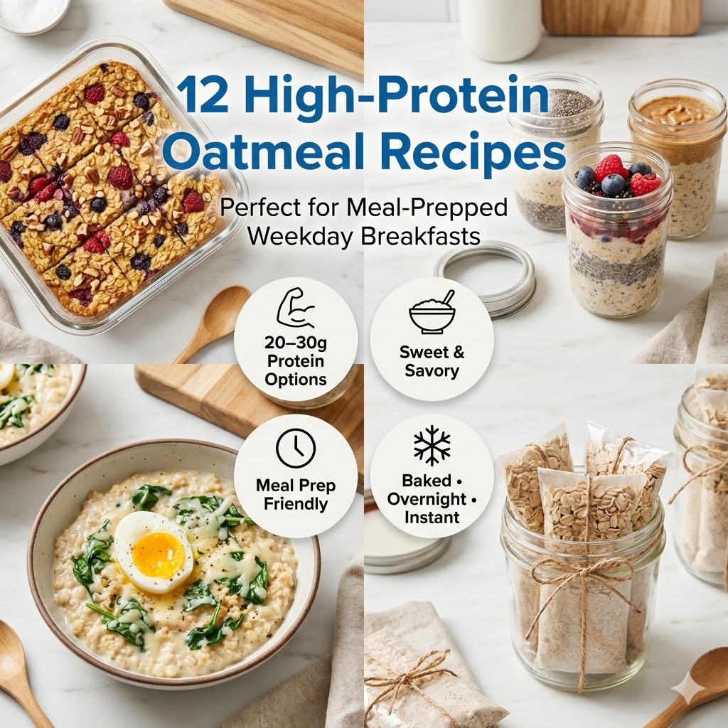 Featured image showing multiple high-protein oatmeal recipes including baked oatmeal, overnight oats, and savory oats prepared for meal prep.