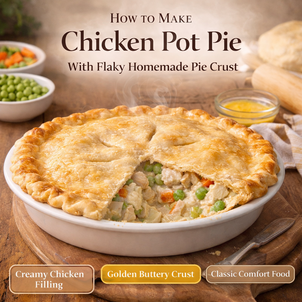 Homemade chicken pot pie with flaky pie crust, creamy chicken and vegetable filling, baked golden brown in a pie dish