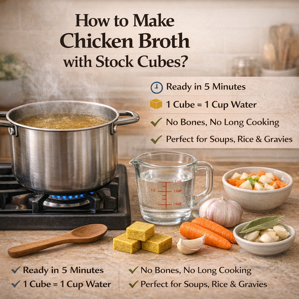 How to make chicken broth with stock cubes using boiling water, bouillon cubes, and simple kitchen tools