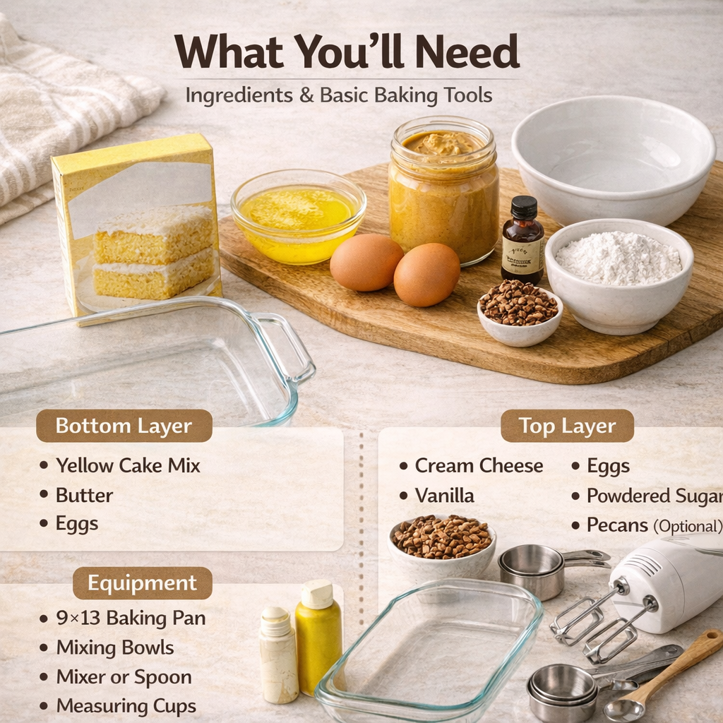 Ingredients and baking tools needed to make a gooey butter cake, including cake mix, cream cheese, eggs, powdered sugar, pecans, and a 9x13 baking pan.