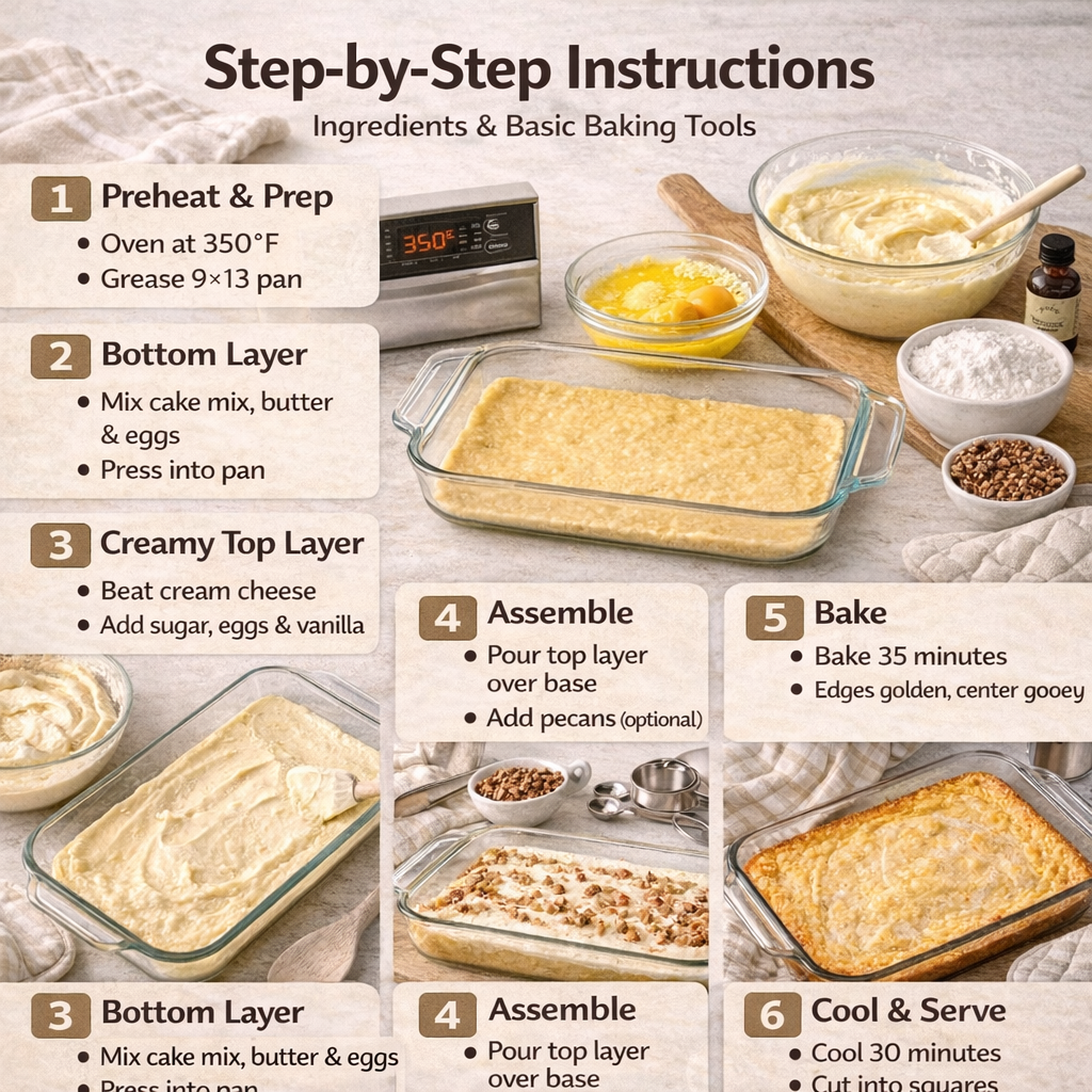 Step-by-step instructions showing how to make a gooey butter cake, including mixing layers, assembling in a pan, baking, and cooling.